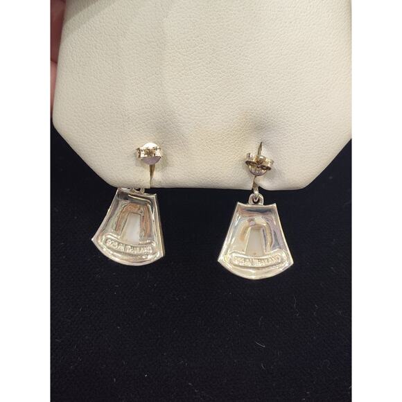 925A Thailand Sterling Silver Mother Of Pearl Marcasite Dangle Pierced Earrings - Picture 3 of 3